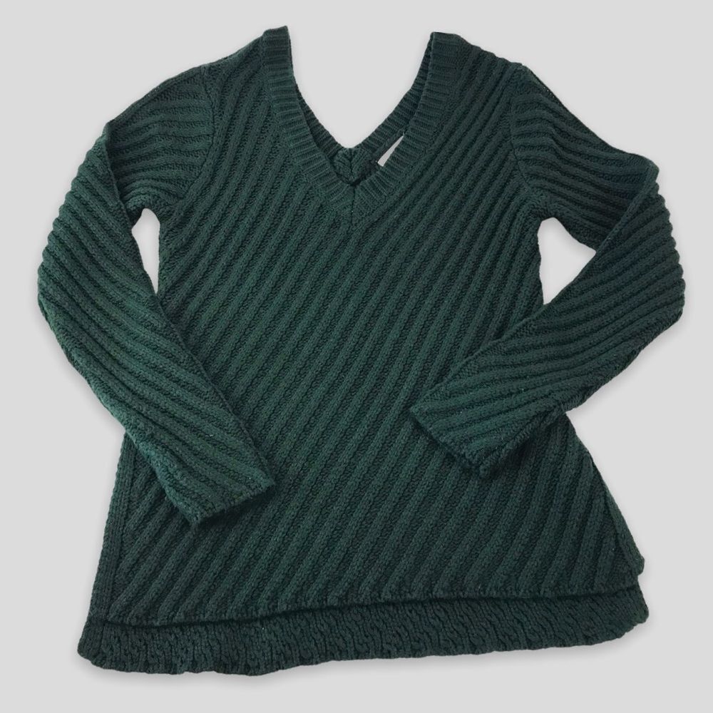 Woven Heart Size L Double V High Low Tunic Sweater Pine Green Chunky Knit Stripe